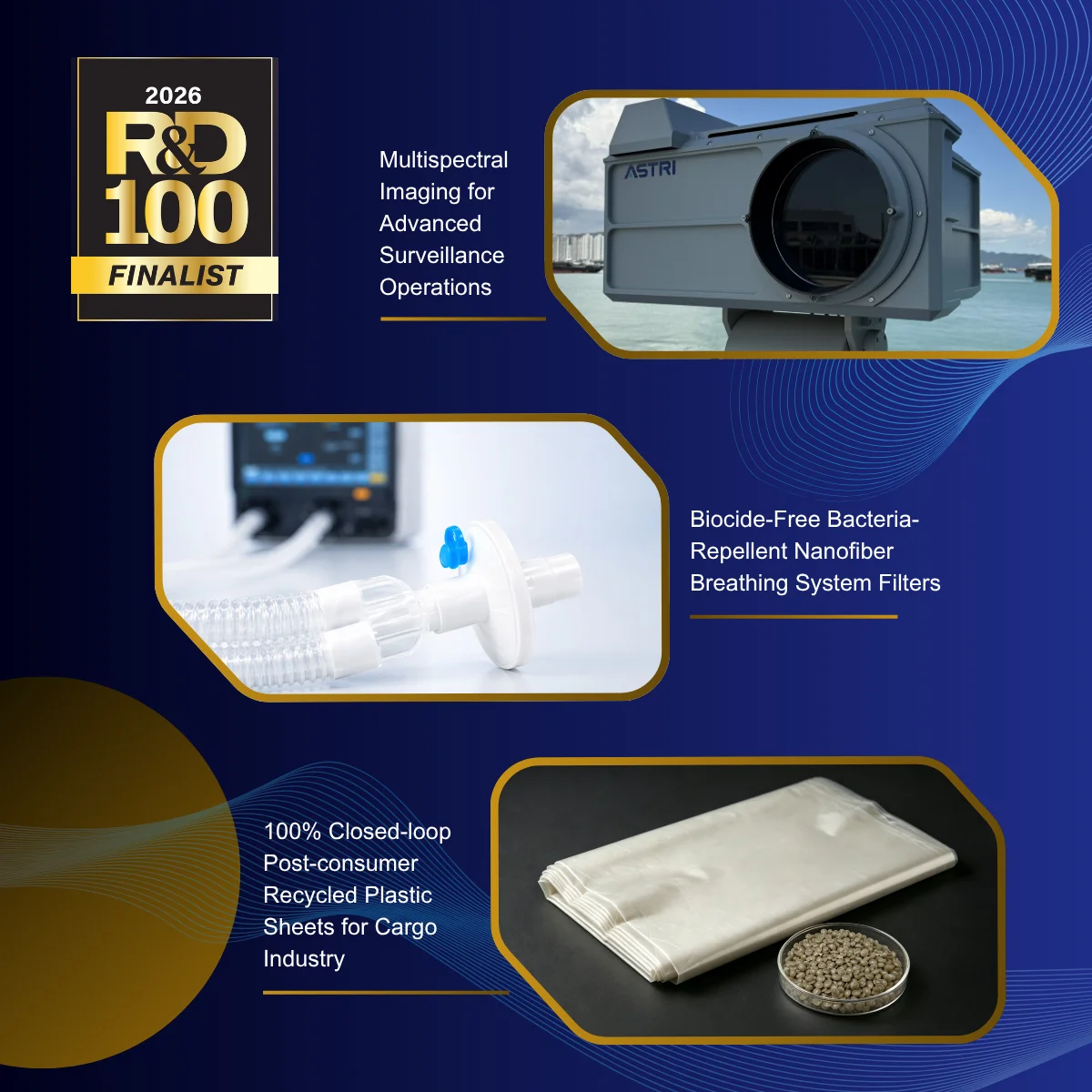 R&D100 Award Finalists - Multispectral Imaging for Advanced Surveillance Operations, Biocide-Free Bacteria-Repellent Nanofiber Breathing System Filters, 100% Closed-loop Post-consumer Recycled Plastic Sheets for Cargo Industry